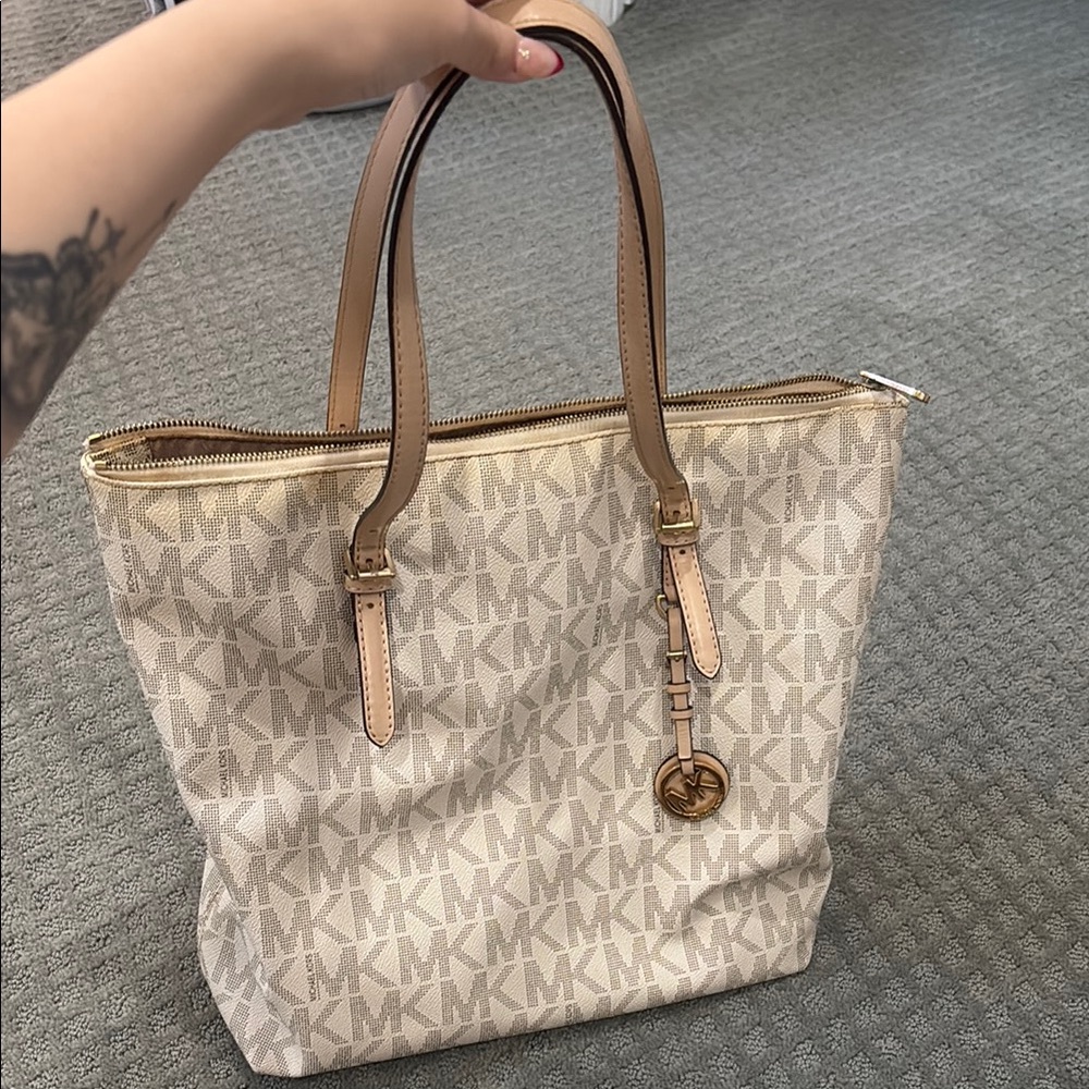 Michael Kors Cream and Brown Tote with Gold Accents
